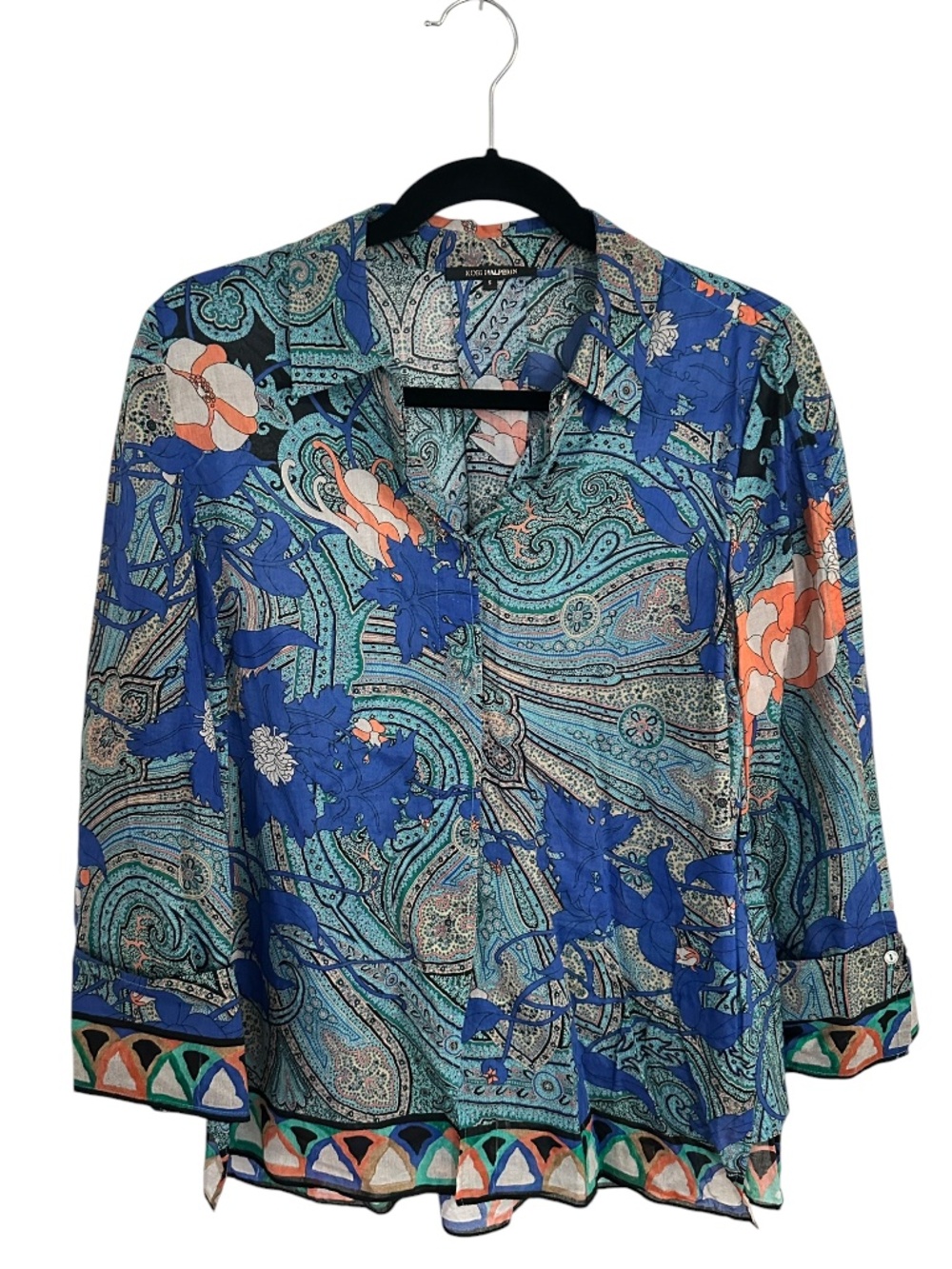 Kobi Halperin Paisley Floral Button Down 3/4 Sleeve V Neck Blouse SMALL